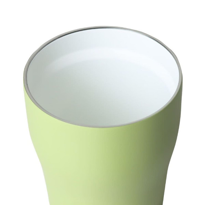 A drink bottle in a light green colour with a white interior and a silver rim. It features a logo.