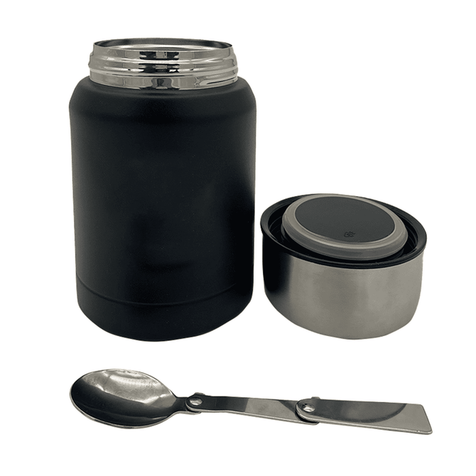 A drink bottle in black with a stainless steel lid, accompanied by a small inner container and a metal spoon.