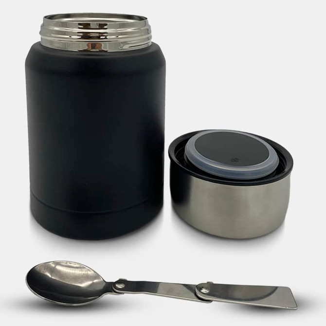 A drink bottle and insulated container in black, with a silver spoon and a lid, featuring a logo.