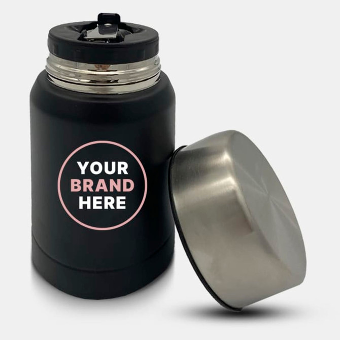 A drink bottle with a black matte finish and silver lid, featuring a logo on the side.