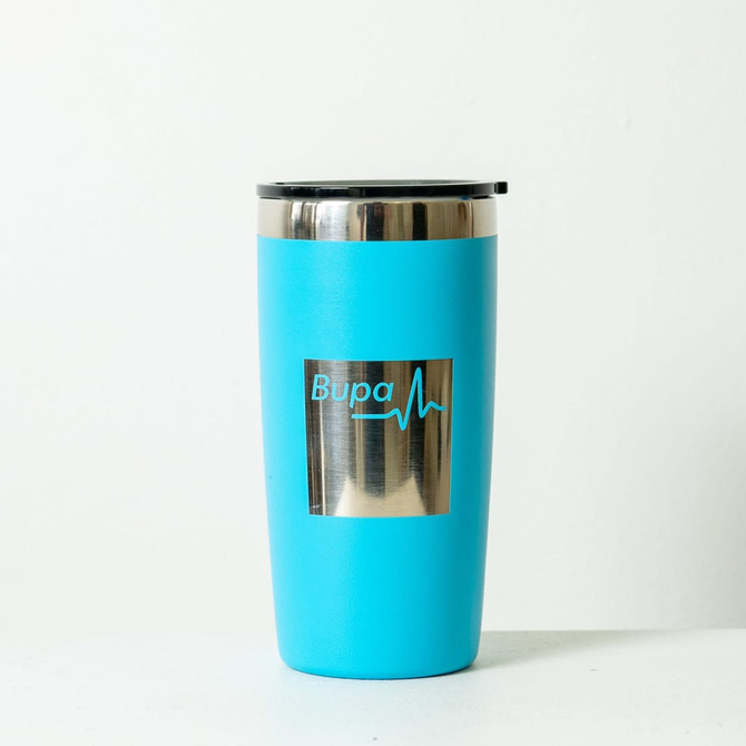 A drink bottle in bright blue with a stainless steel finish and a logo on the front.