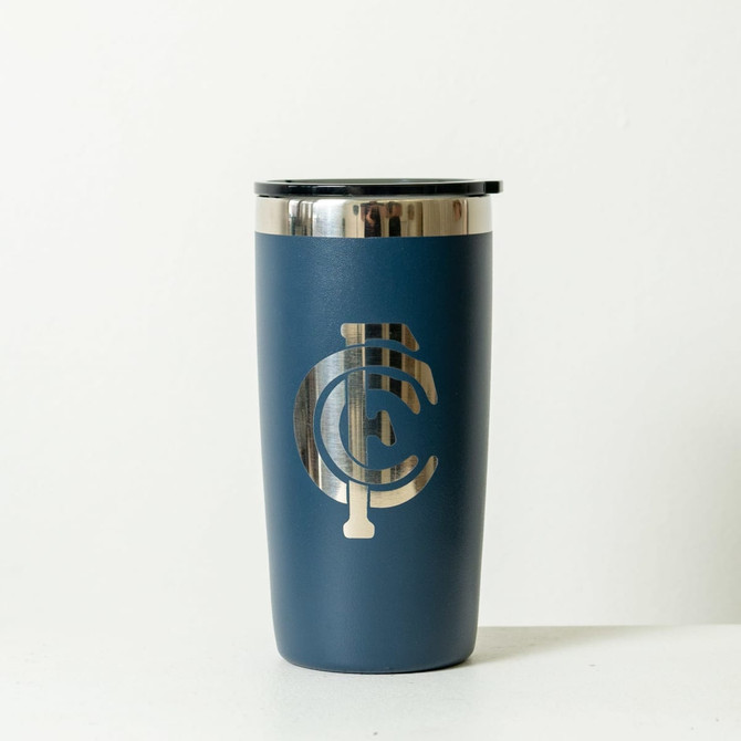 A drink bottle featuring a navy blue exterior with a metallic silver logo, topped with a black lid.