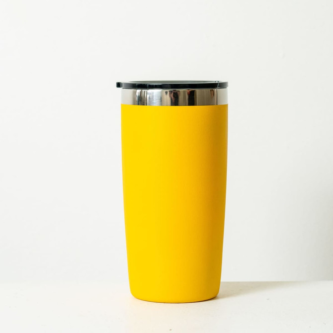 A drink bottle in vibrant yellow with a black lid and a sleek stainless steel rim, featuring a smooth finish.