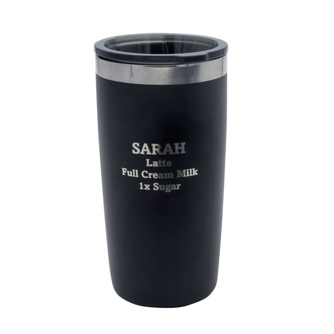 A drink bottle in matte black featuring a stainless steel rim and personalisation options.