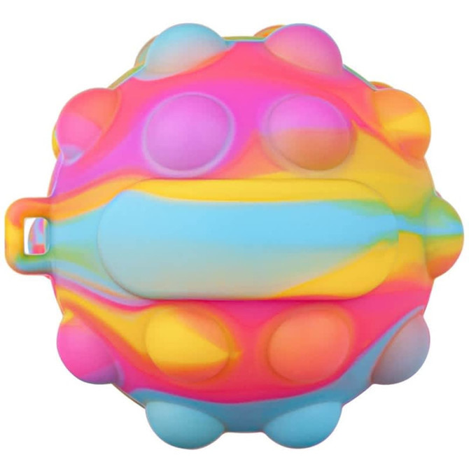 A colourful stress ball in pink, blue, and yellow with a textured surface and a handle. It has a logo.