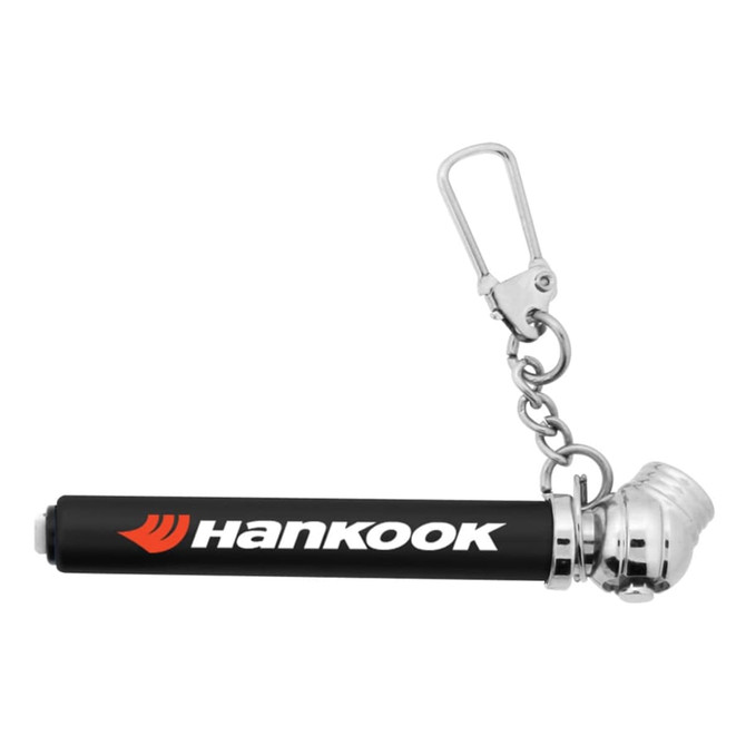 A black key chain tyre gauge with a silver clip and a branding logo.