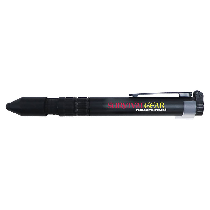 A black stylus pen featuring a clip and a textured grip, with a branding logo on its side.