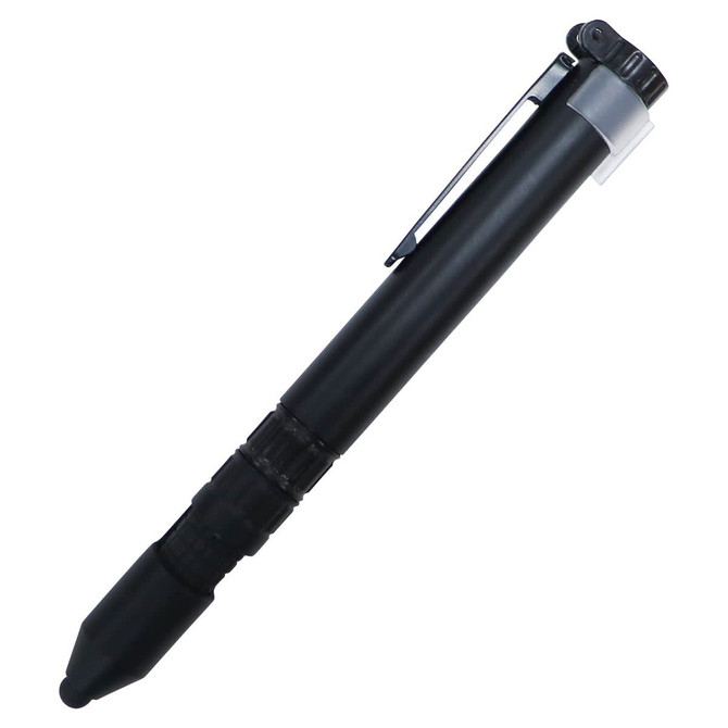 A black stylus pen with a clip and a rubber tip, featuring a metallic finish and an integrated design.