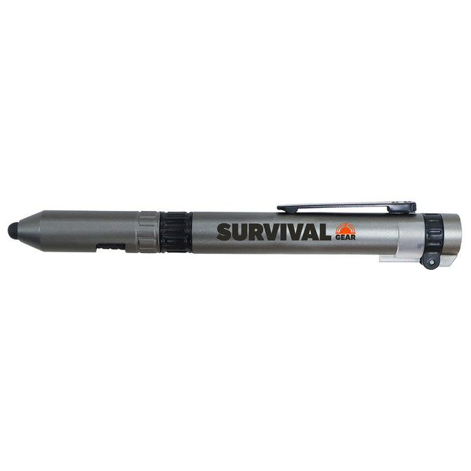 A grey survival stylus pen with a clip and branding on the side. Ideal for outdoor and writing use.