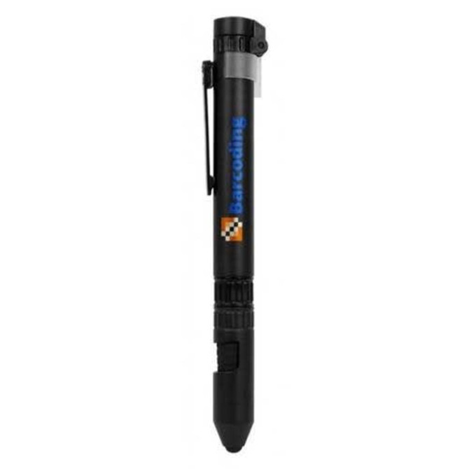 A black stylus pen with a silver clip and a logo on the side. It features a pointed end for writing.