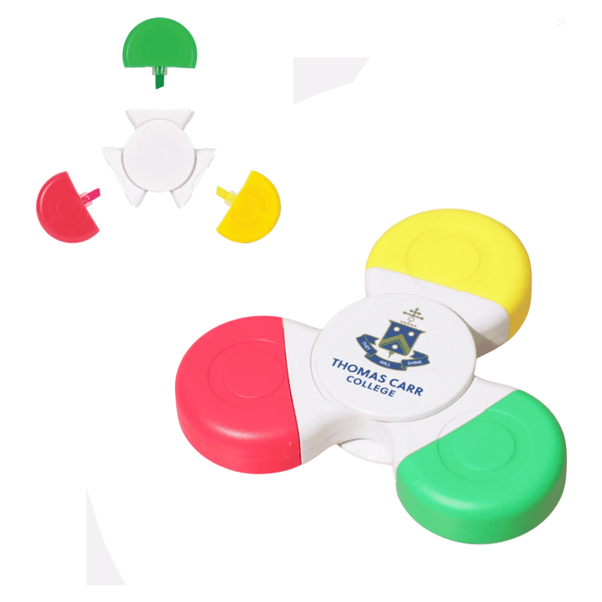 A Fiddle Spinner Highlighter featuring red, yellow, green, and white sections with a logo in the centre.