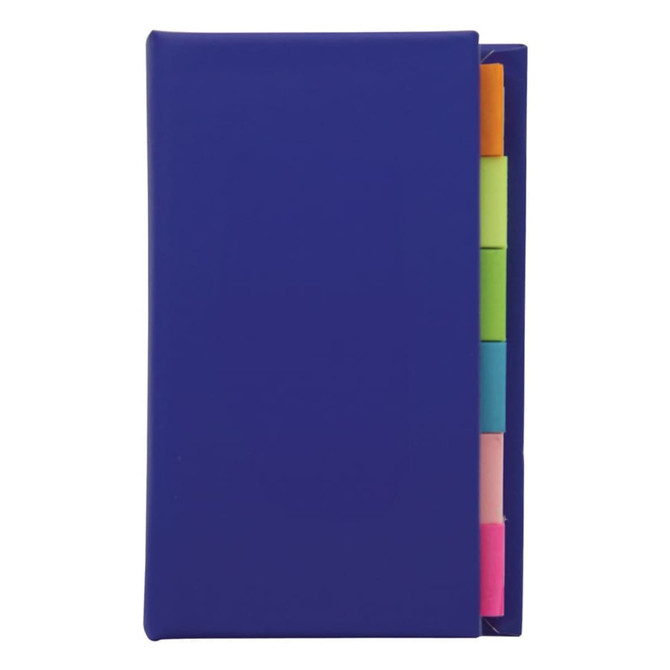 A blue book with sticky note tabs in various colours peeking out from the side, featuring a logo.