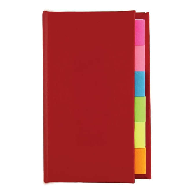 A red book with multiple coloured sticky note marker strips peeking out from the side. It has a logo on the cover.