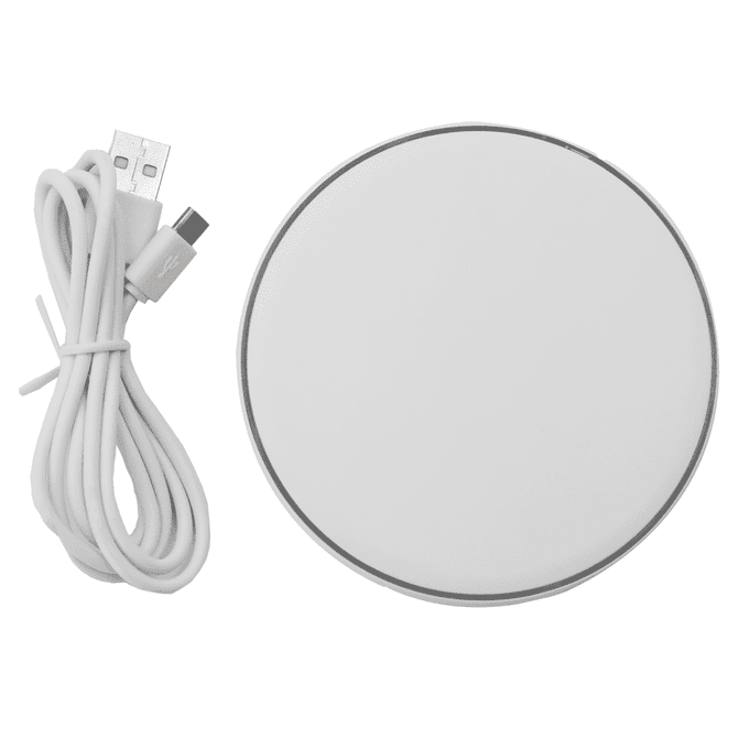 A round white wireless charging dock with a matching white USB charging cable. It features a logo on the surface.