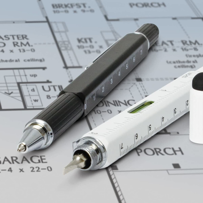 A multi-function pen set featuring a black pen with a silver tip and a white pen with a level and ruler, on a blueprint background.