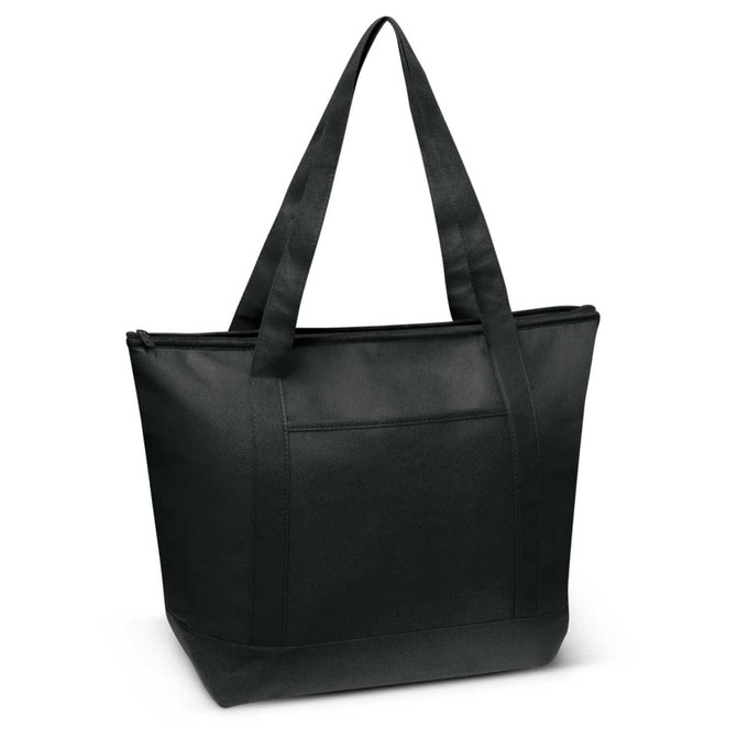 A black Orca cooler bag with a zippered top and two sturdy handles. Features a front pocket.