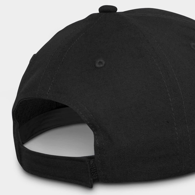 A black cap featuring a back strap and a logo on the side. The fabric appears sturdy and textured.