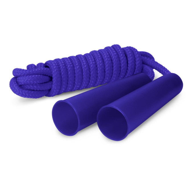 A purple skipping rope with soft handles and a twisted rope design. It includes a branding logo on the handles.