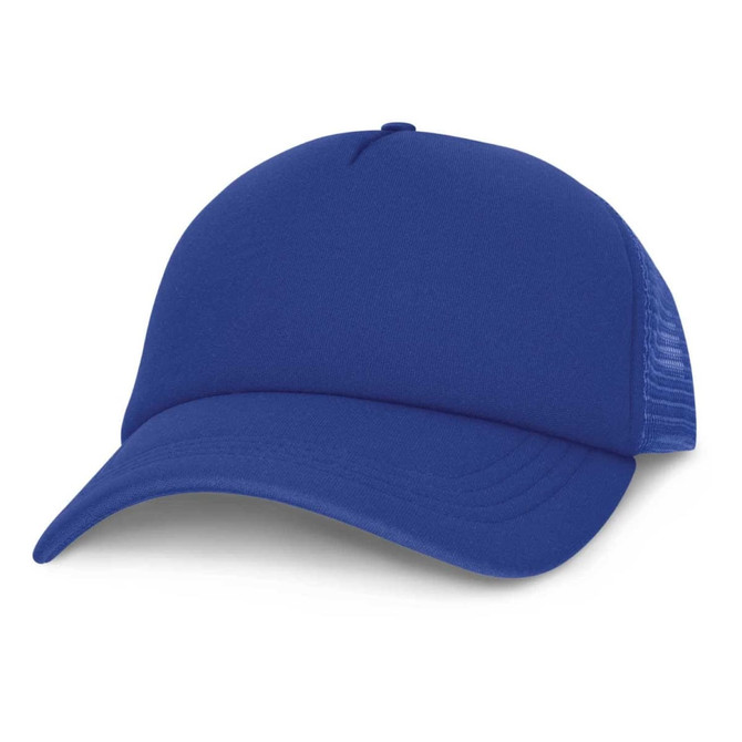 A blue trucker cap with a solid front panel and mesh back, designed for comfort and breathability.