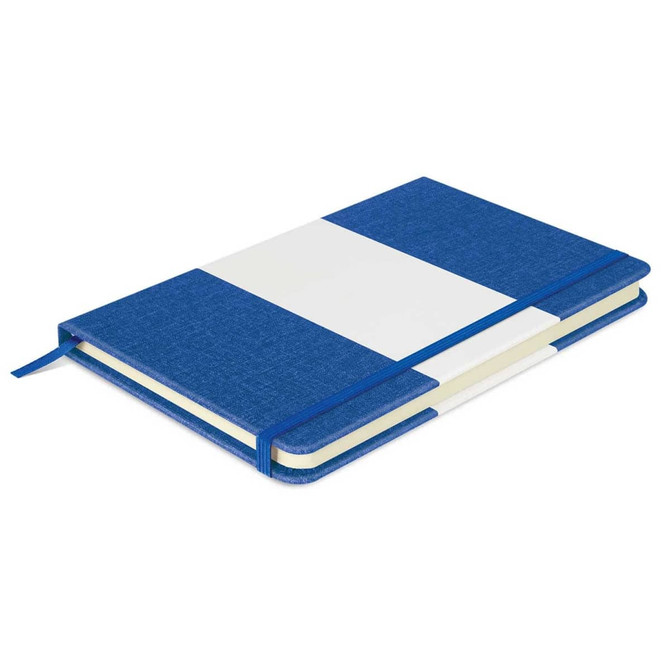 A blue notebook with a white section, featuring a ribbon bookmark and an elastic band. It has a logo on the cover.