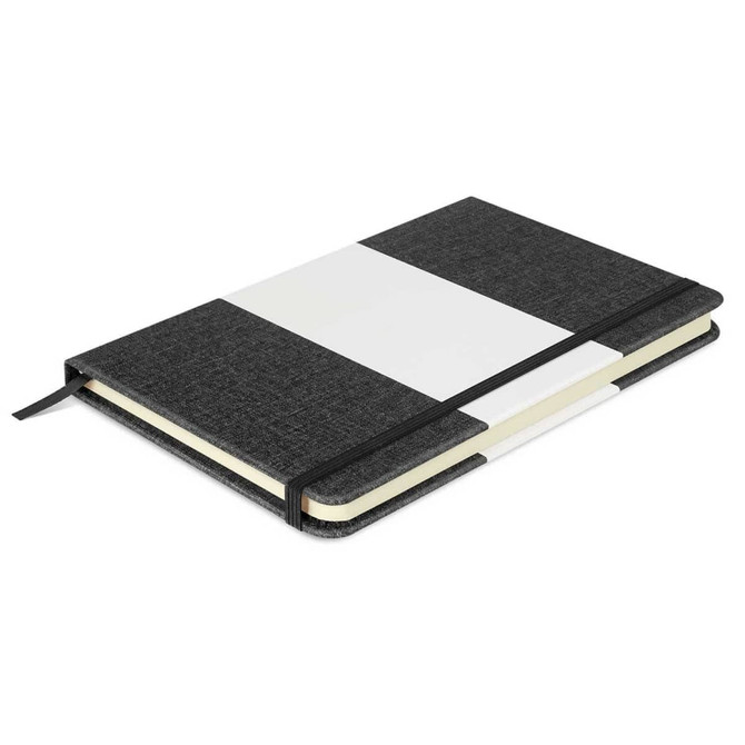 A notebook with a black textured cover featuring a white stripe, secured with an elastic band.