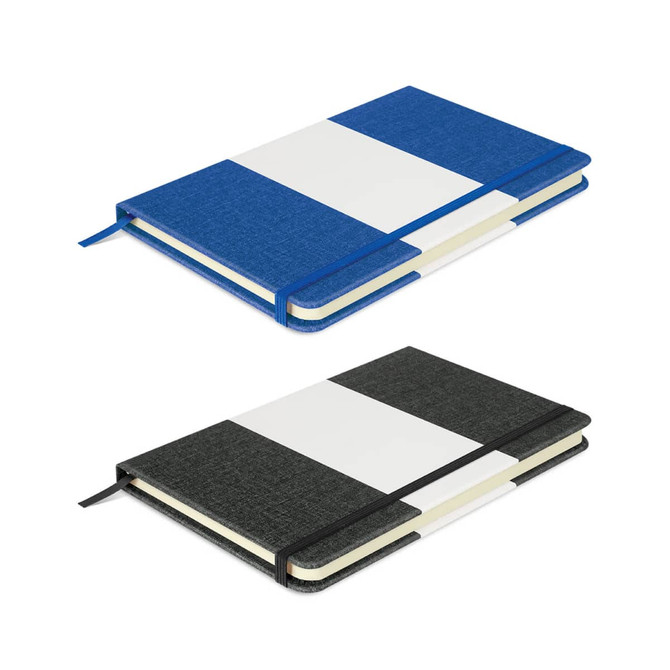 A notebook in blue and grey with a textured cover, featuring a white strip and a ribbon bookmark. It has a logo.