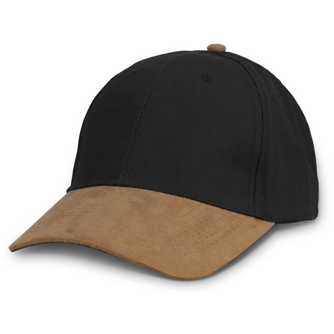 A cap with a black fabric upper and a tan suede visor, featuring a rounded crown and stitched details.