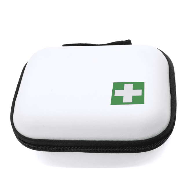 A compact white first aid kit with a green cross, featuring a zippered closure and a sturdy design.