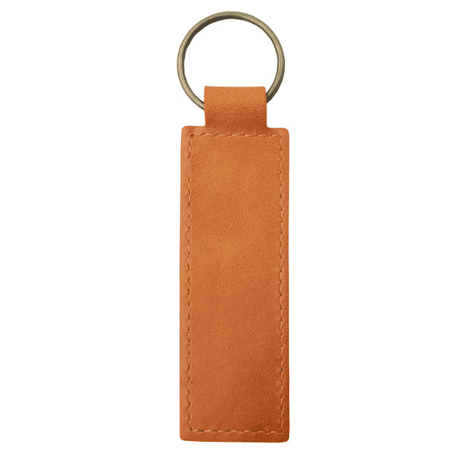 An orange recycled leather keyring with a metal ring, featuring a simple rectangular design and stitched detailing.
