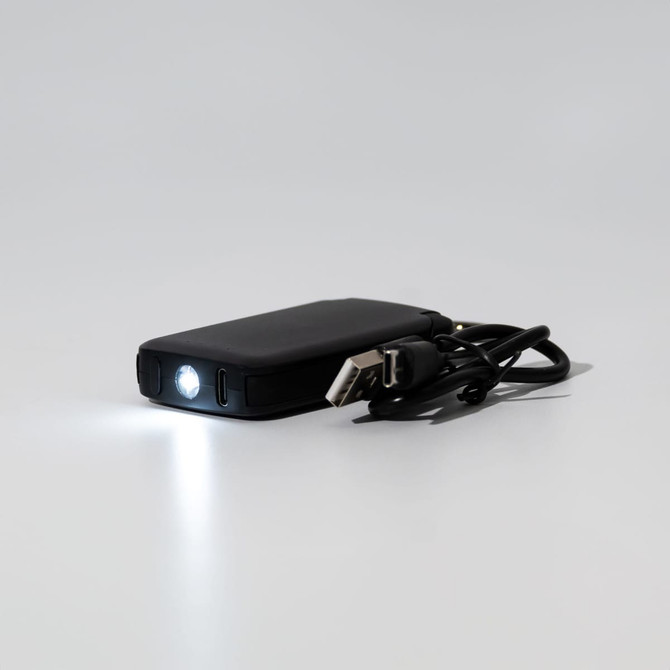 A black 2,000mAh mini power bank with a flashlight and a USB cable. It features a logo on the surface.