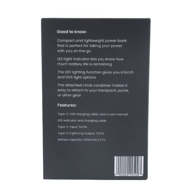 A compact, lightweight 2,000mAh mini power bank with a USB-C charging cable. It features an LED indicator and a carabiner.