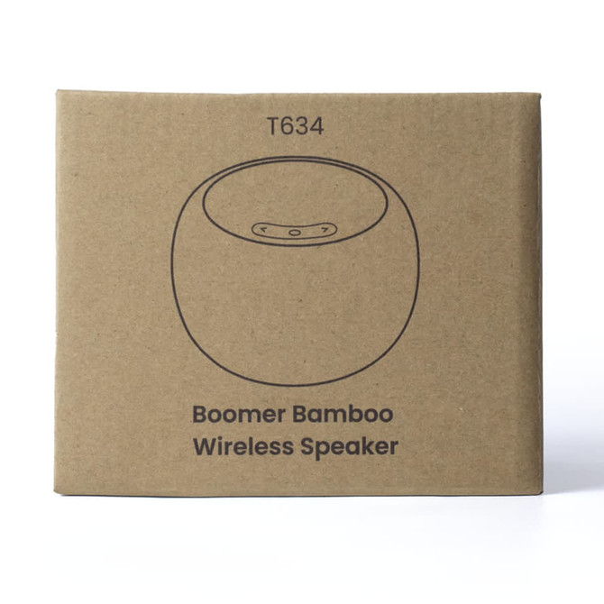 A brown cardboard box featuring a simple illustration of a round bamboo wireless speaker with a logo.