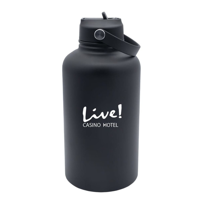 A drink bottle in matte black with a handle and a logo on the front. It has a capacity of 1.8 litres.