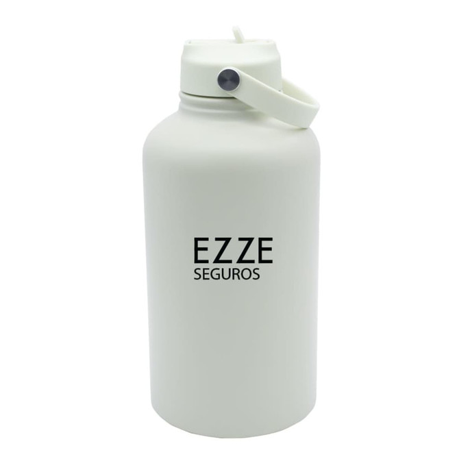 A drink bottle in white with a flip-top lid and a handle, featuring a logo on the front.