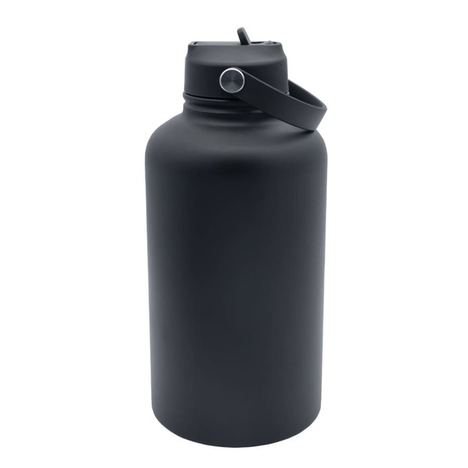A drink bottle with a matte black finish, featuring a lid and a handle for easy carrying.
