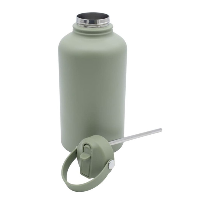 A drink bottle in a matte green finish with a stainless steel top and a detachable sip straw lid.