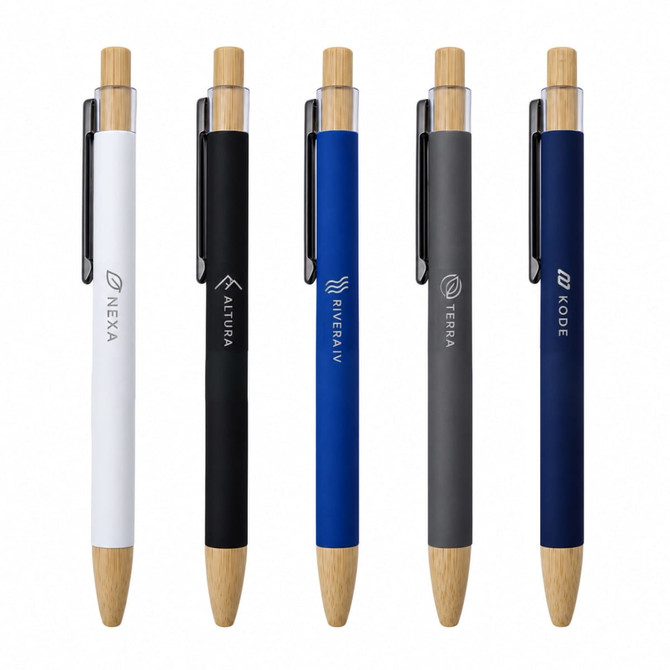 A collection of Abele Bamboo Click Pens in white, black, blue, grey, and a natural bamboo finish, featuring branding.