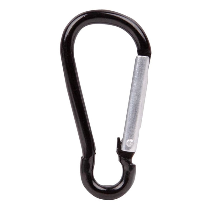 A black carabiner clip with a silver clasp, suitable for attaching items securely. A black carabiner clip with a silver clasp, suitable for attaching items securely.