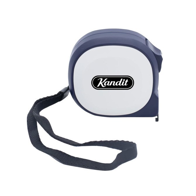 A navy and white tape measure with a logo and a strap for easy holding.