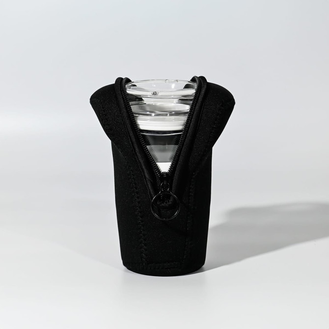 A black pouch with a zipper, designed to hold a clear drink bottle securely.