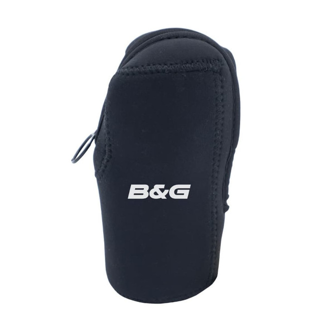 A black pouch made of neoprene with a branded logo, featuring a zippered closure and a loop for attachment.