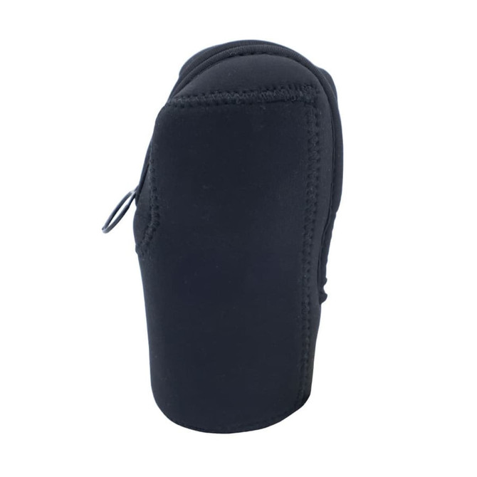 A black neoprene pouch featuring a zip closure and a clip attachment. It has a logo on the side.
