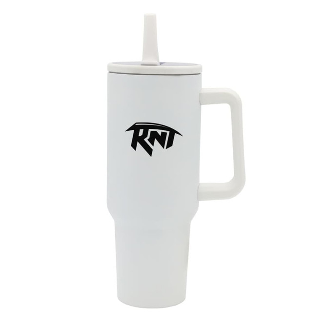 A drink bottle in white, featuring a handle and a straw lid, with a logo on the front.