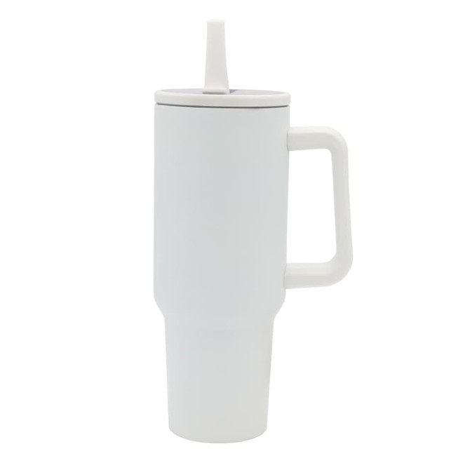 A drink bottle with a white finish, featuring a handle and a lid with a straw, has a logo on the side.