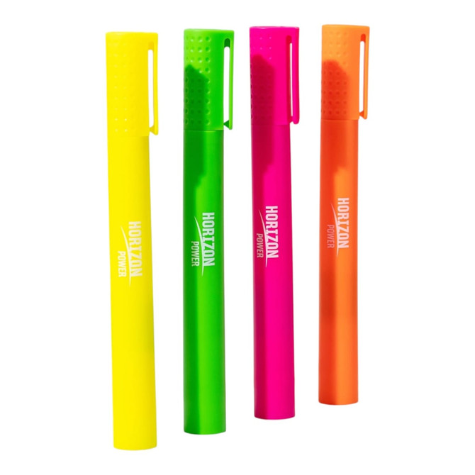 Four jumbo highlighters in bright colours: yellow, green, pink, and orange, with a textured grip and a branding logo.