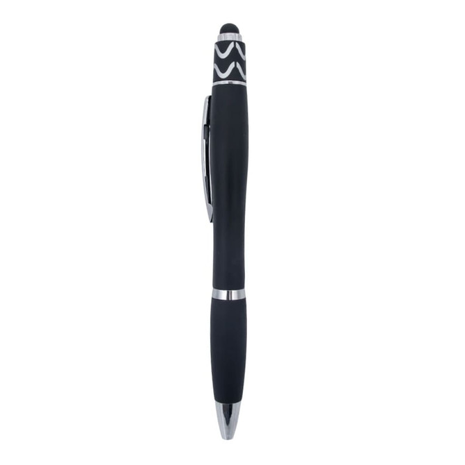 A black Spinner Fidget Pen features a sleek design with a stylus tip and a branded cap.