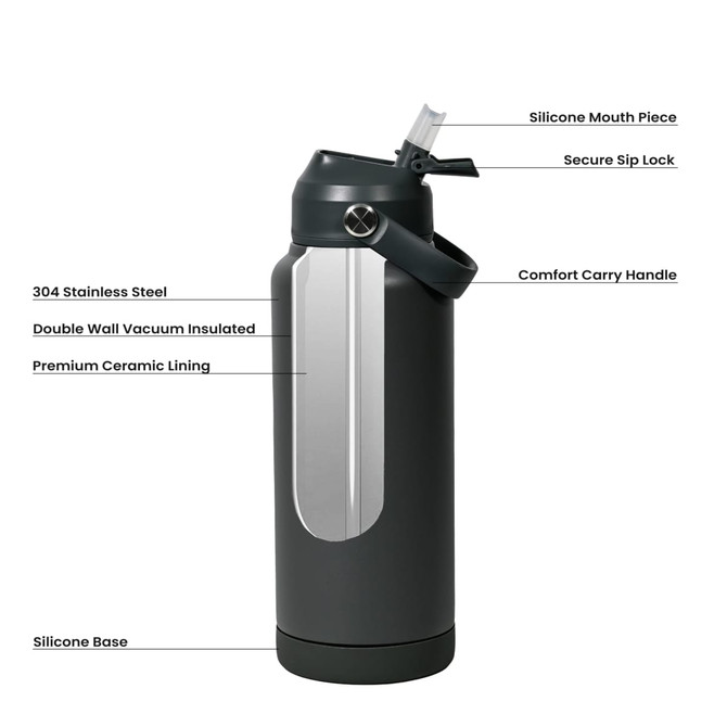 A drink bottle featuring a grey stainless steel exterior, silicone mouthpiece, and a comfort carry handle.