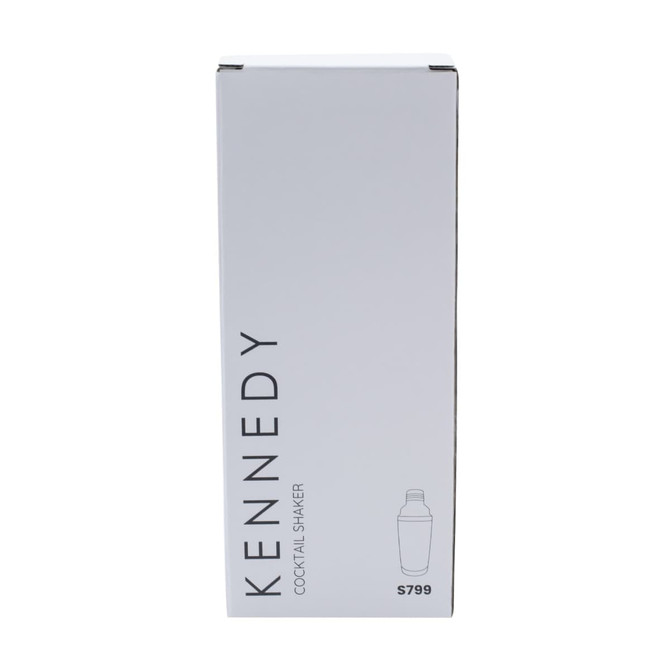 A drink bottle in a white box featuring a logo, designed as a cocktail shaker with a modern style.