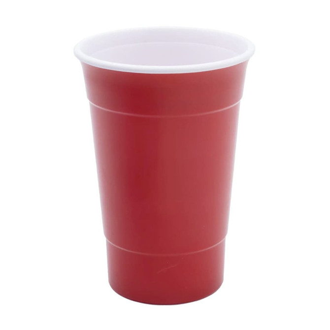 A drink cup with a red exterior and white interior, featuring a logo on its surface.