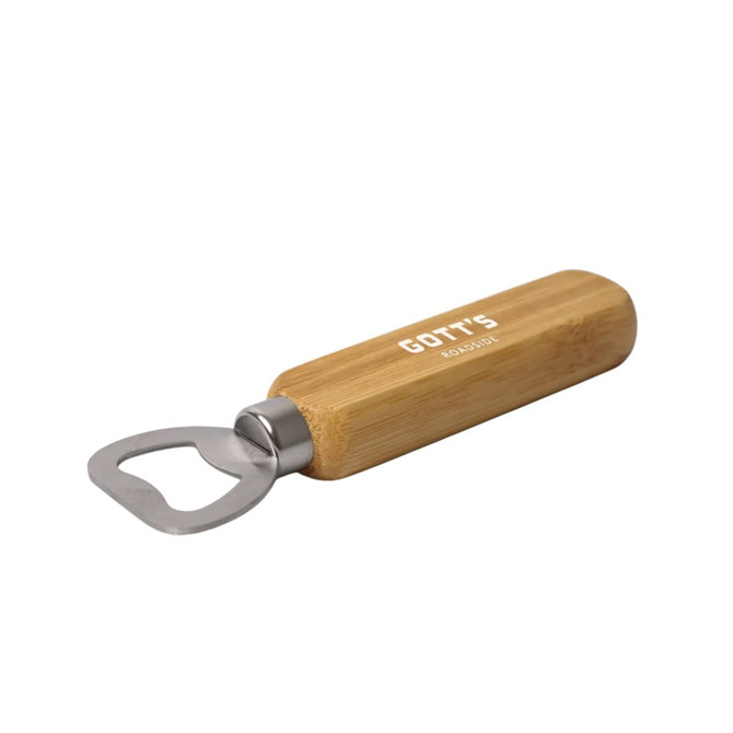 A drink bottle opener with a bamboo handle and stainless steel head, featuring a logo on the handle.